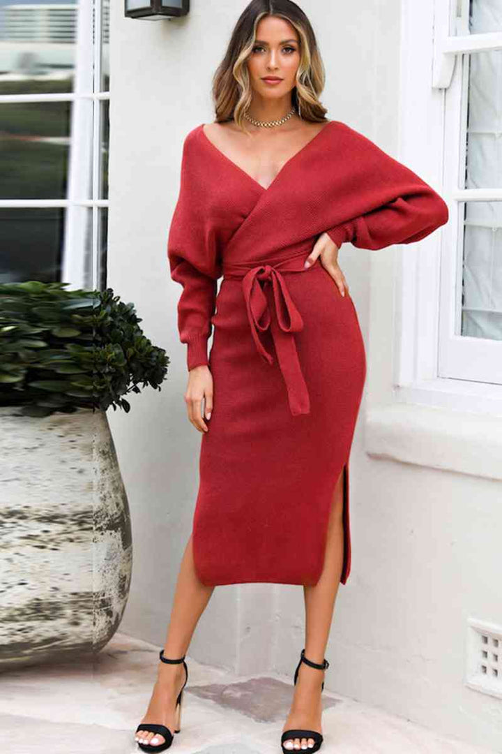 Surplice Neck Bow Waist Slit Sweater Dress |1mrk.com