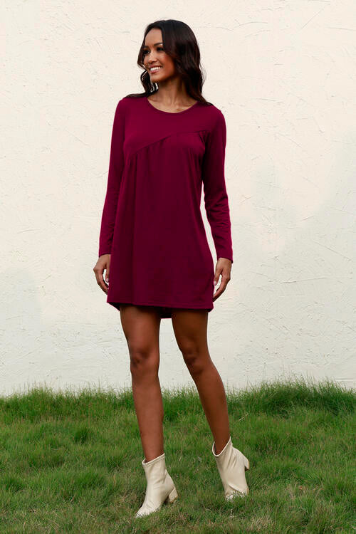 Ruched Round Neck Long Sleeve Dress | 1mrk.com