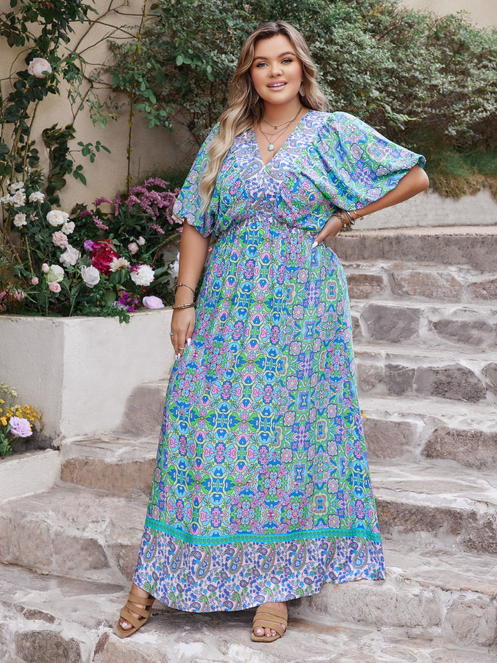 Plus Size Printed V-Neck Balloon Sleeve Dress | Trendsi