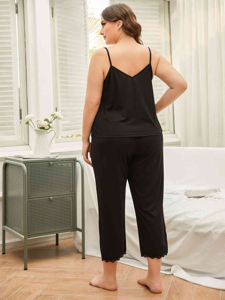 Plus Size Lace Trim Slit Cami and Pants Pajama Set | 1mrk.com