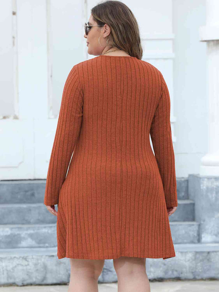 Plus Size Ribbed Buttoned V-Neck Long Sleeve Dress |1mrk.com