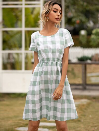 Smocked Plaid Round Neck Short Sleeve Dress | Trendsi