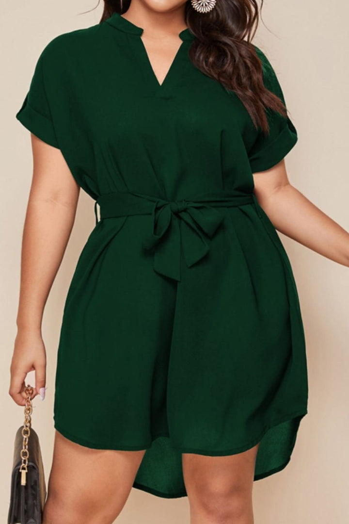 Plus Size Notched Tie Waist Mini Dress | Trendsi