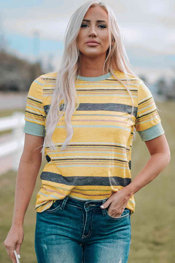 Multicolored Striped Round Neck Tee Shirt | 1mrk.com