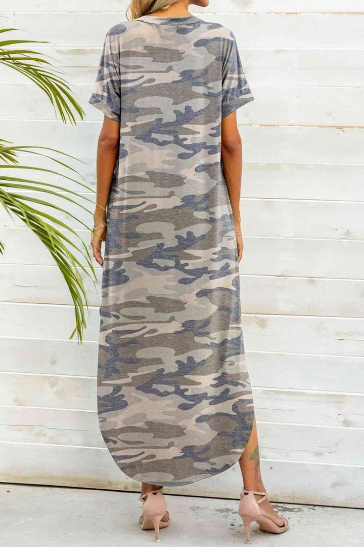 Printed V-Neck Curved Hem Dress |1mrk.com