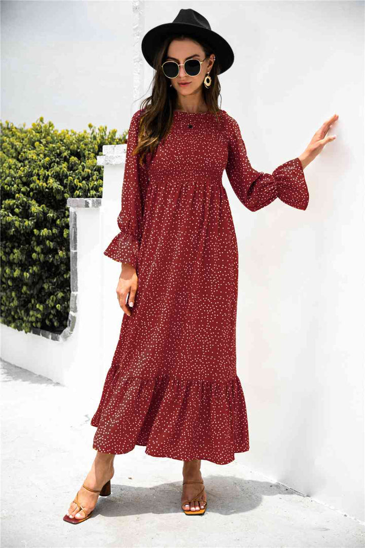 Printed Puff Sleeve Ruffle Maxi Dress |1mrk.com