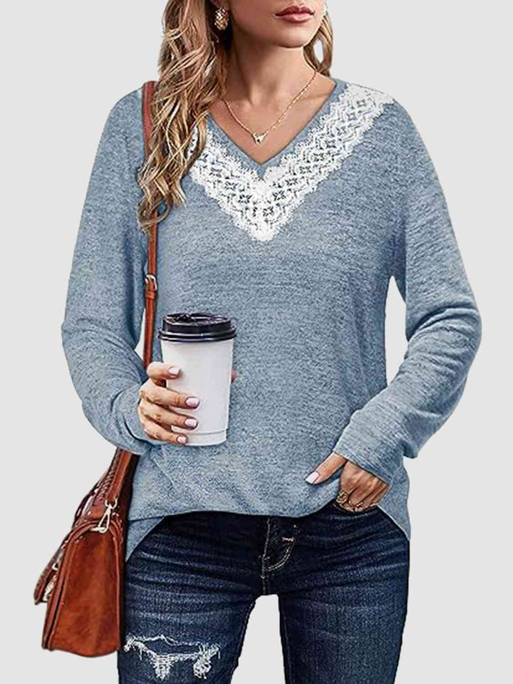 Lace Detail V-Neck Long Sleeve Top | 1mrk.com