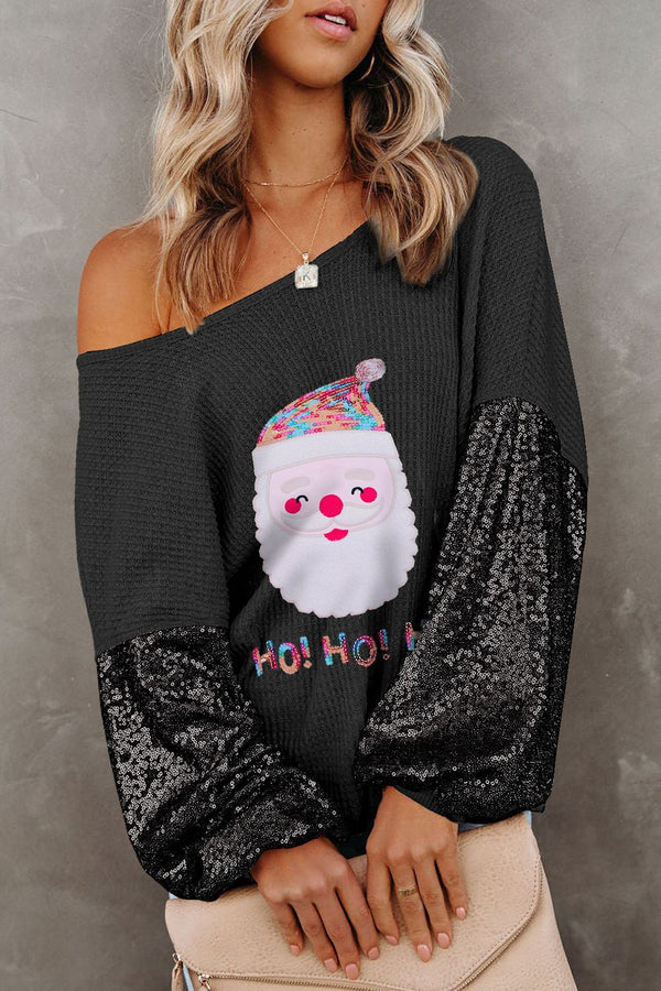 Waffle-Knit Santa Graphic Sequin Long Sleeve Blouse | Trendsi