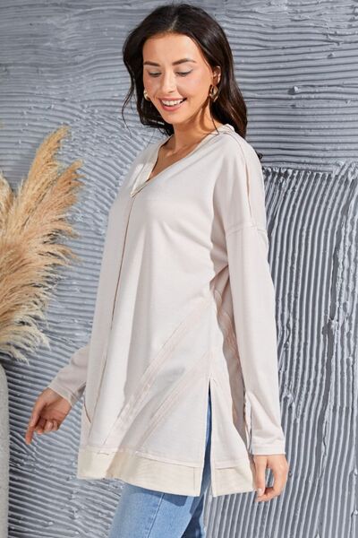 Exposed Seam V-Neck Long Sleeve Slit Sweatshirt |1mrk.com