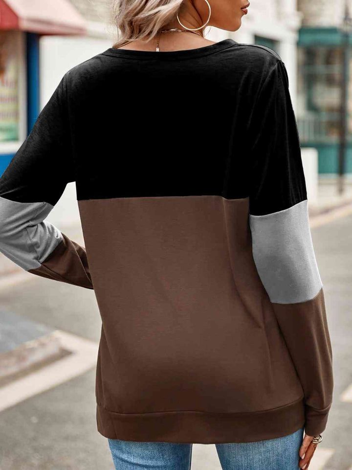 Color Block Cutout Round Neck Long Sleeve T-Shirt | 1mrk.com