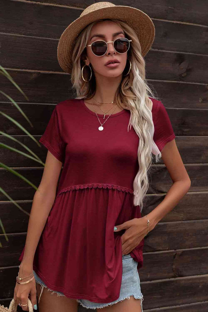 Lace Trim Round Neck Tunic Top | 1mrk.com