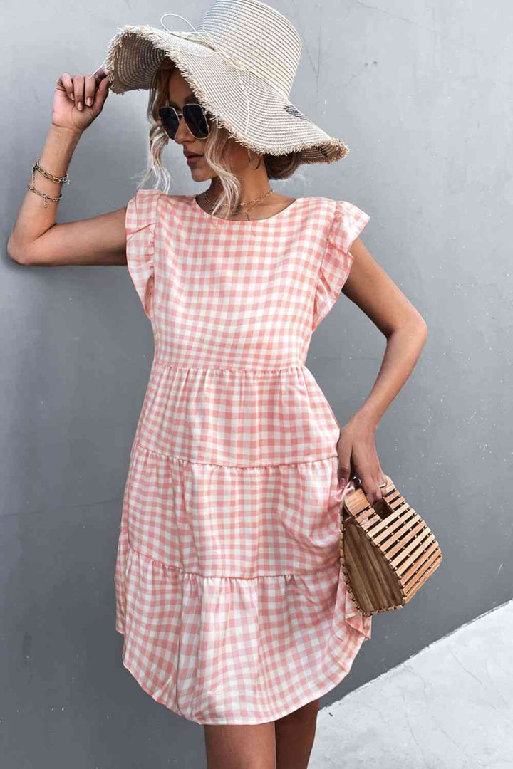 Gingham Ruffle Shoulder Tiered Dress |1mrk.com