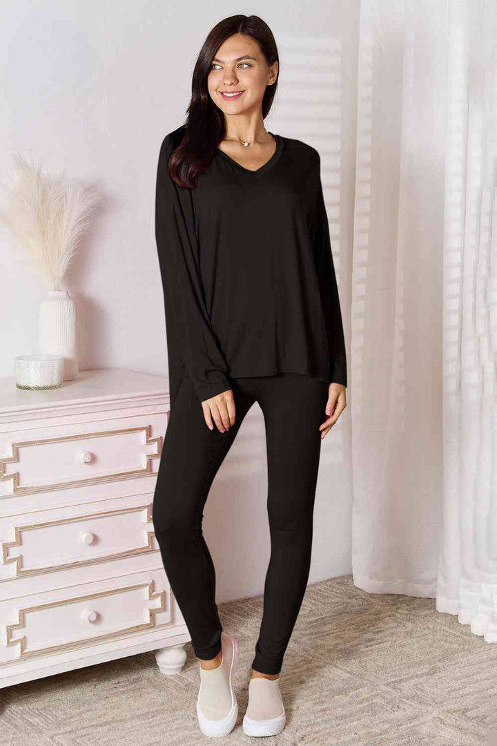 Basic Bae Full Size V-Neck Soft Rayon Long Sleeve Top and Pants Lounge Set | 1mrk.com