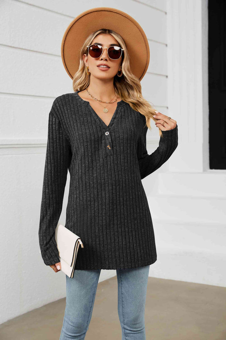 Notched Neck Ribbed Long Sleeve T-Shirt | 1mrk.com