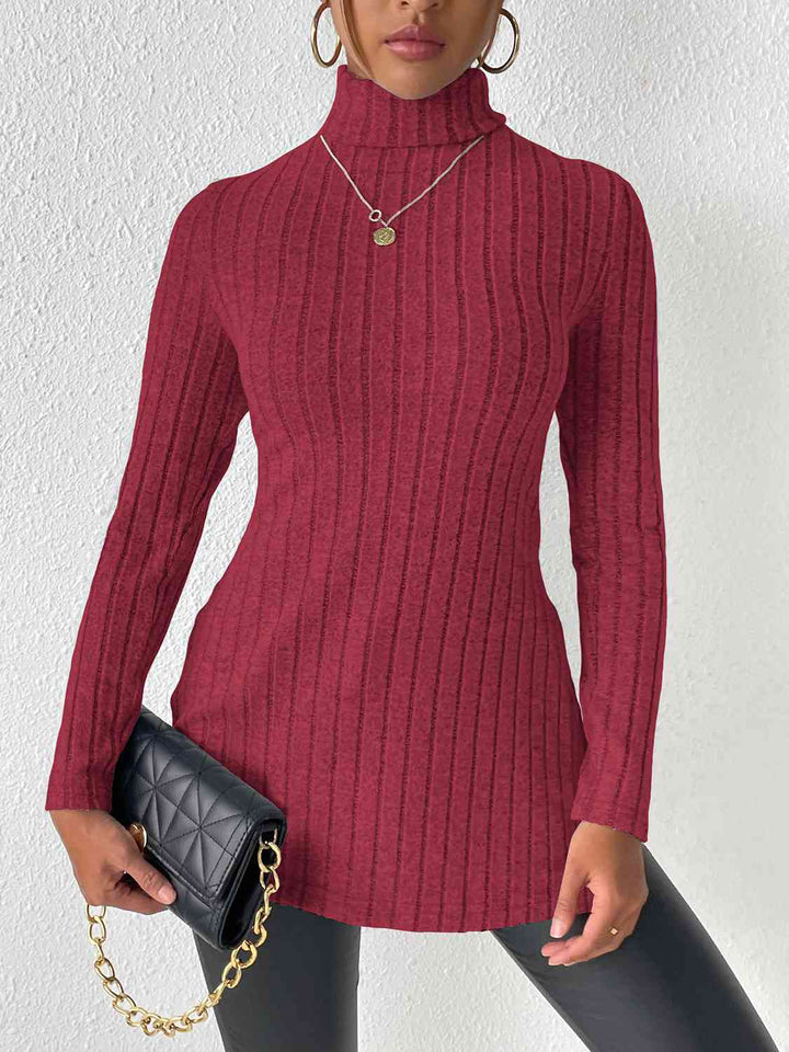 Ribbed Turtleneck Long Sleeve Slit T-Shirt | 1mrk.com