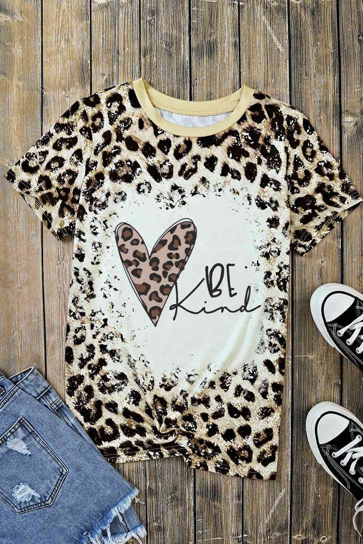 BE KIND Heart Graphic Leopard Round Neck Tee | 1mrk.com