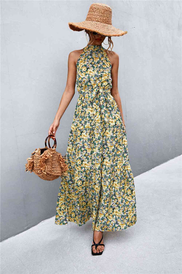 Printed Sleeveless Tie Waist Maxi Dress |1mrk.com