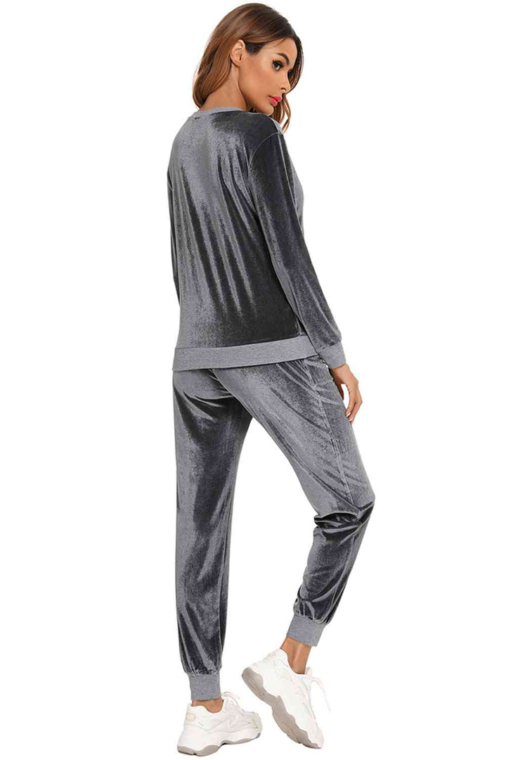 Round Neck Long Sleeve Loungewear Set with Pockets | 1mrk.com