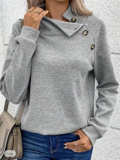 Buttoned Mock Neck Long Sleeve Sweatshirt |1mrk.com