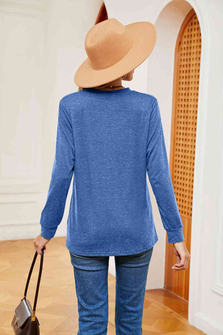 Buttoned Notched Neck Long Sleeve Top | 1mrk.com