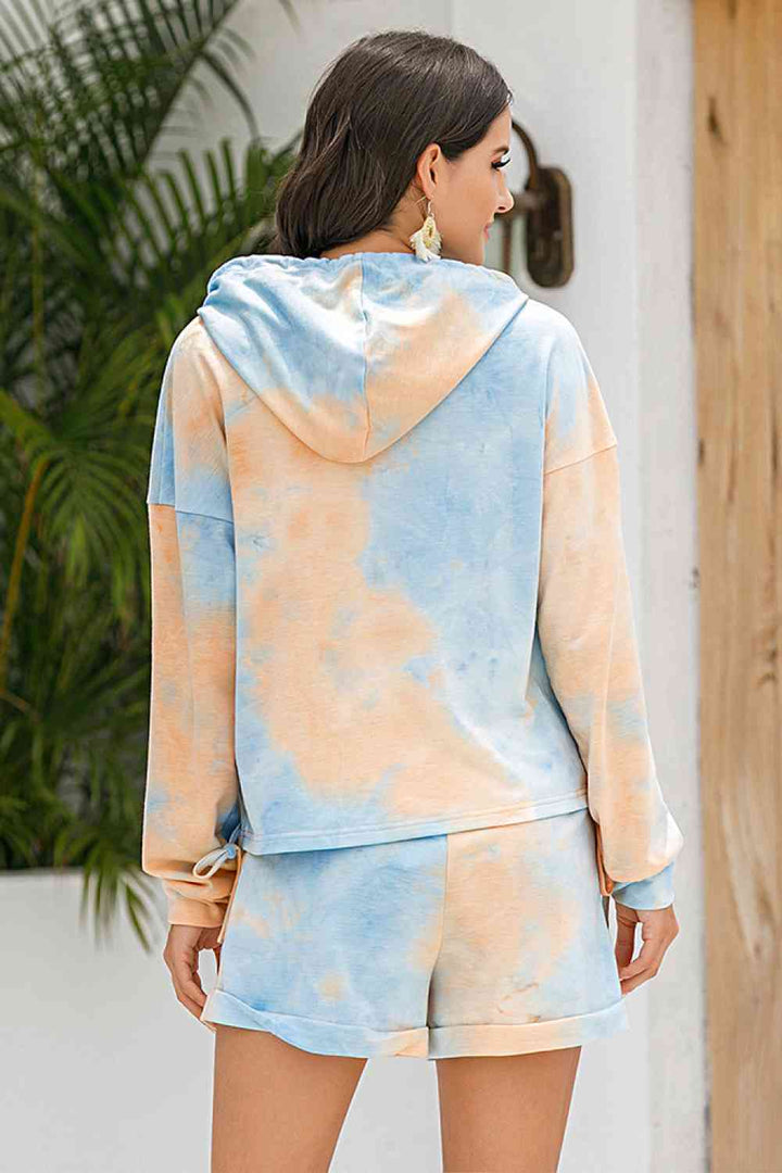 Tie-Dye Drawstring Hoodie and Shorts Set | 1mrk.com