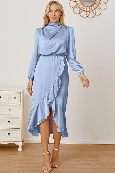 Mock Neck Ruffled Asymmetrical Dress |1mrk.com