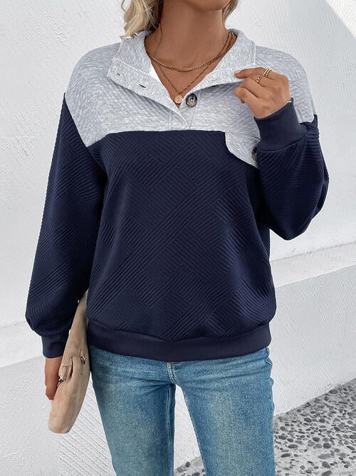 Textured Contrast Half Button Sweatshirt |1mrk.com