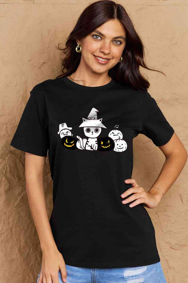 Simply Love Full Size Cat & Pumpkin Graphic Cotton T-Shirt | 1mrk.com