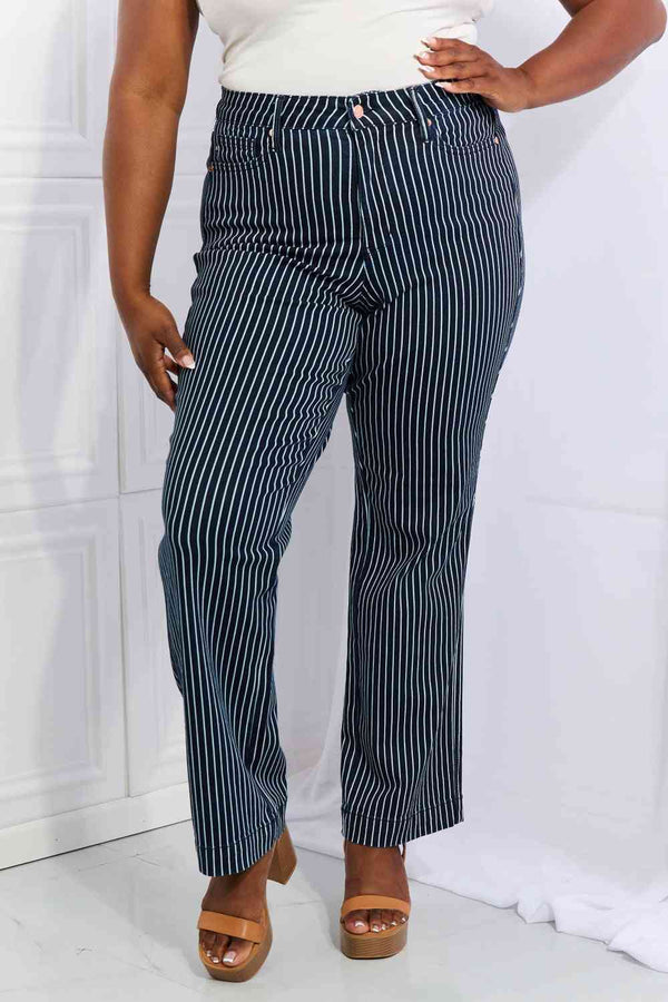 Judy Blue Cassidy Full Size High Waisted Tummy Control Striped Straight Jeans | 1mrk.com