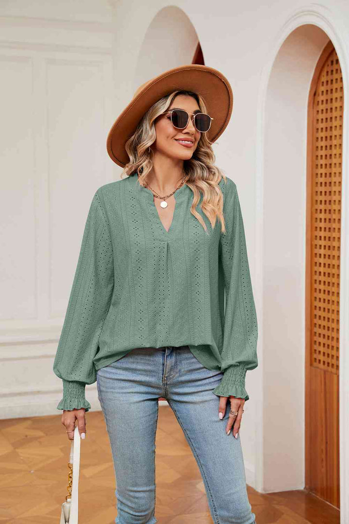 Notched Neck Flounce Sleeve Blouse | 1mrk.com