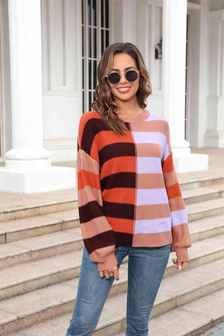 Round Neck Long Sleeve Color Block Dropped Shoulder Pullover Sweater |1mrk.com