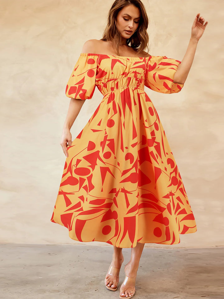 Printed Off-Shoulder Balloon Sleeve Dress | Trendsi