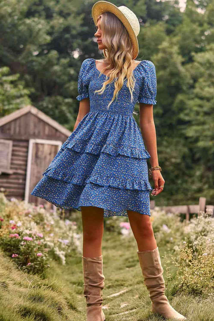 Smocked Sweetheart Neck Flounce Sleeve Mini Dress |1mrk.com