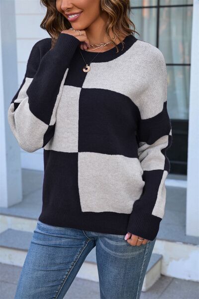 Color Block Round Neck Dropped Shoulder Sweater | Trendsi