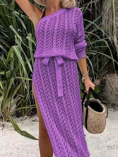 Slit Openwork Single Shoulder Knit Dress |1mrk.com