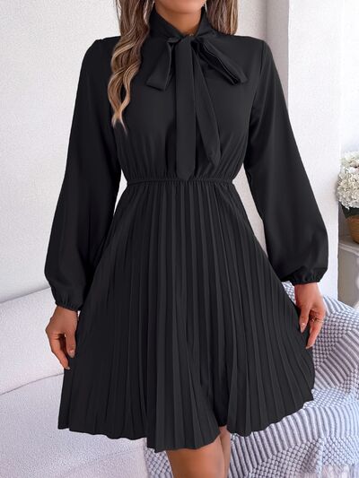 Tie Neck Balloon Sleeve Pleated Dress |1mrk.com