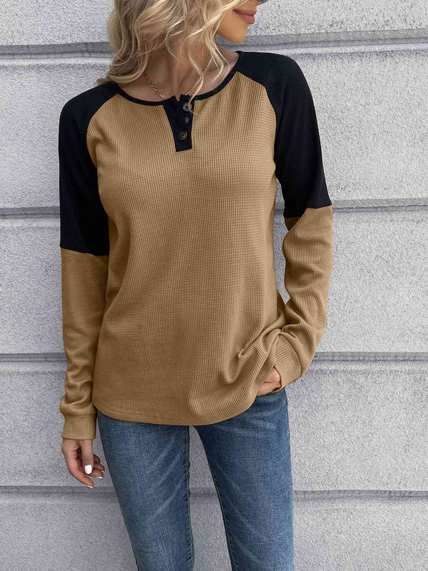 Contrast Buttoned Round Neck Raglan Sleeve Top | 1mrk.com