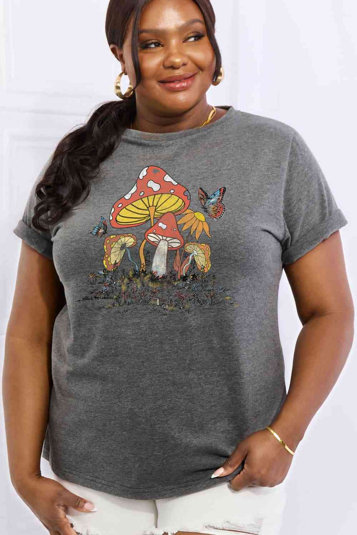 Simply Love Full Size Mushroom & Butterfly Graphic Cotton T-Shirt | 1mrk.com