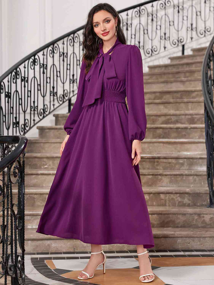 Tie-Neck Balloon Sleeve Dress |1mrk.com