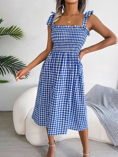 Frill Plaid Square Neck Midi Dress |1mrk.com