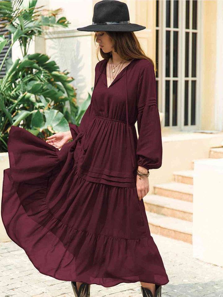 Tie Neck Long Sleeve Midi Tiered Dress | 1mrk.com