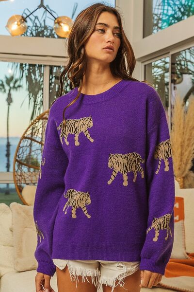 BiBi Tiger Pattern Long Sleeve Sweater | Trendsi