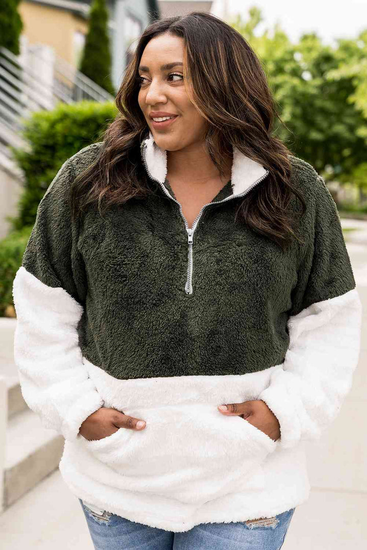 Plus Size Half Zipper Fleece Sweatshirt with Pocket |1mrk.com