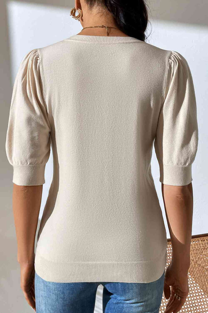 Round Neck Puff Sleeve Knit Top | 1mrk.com