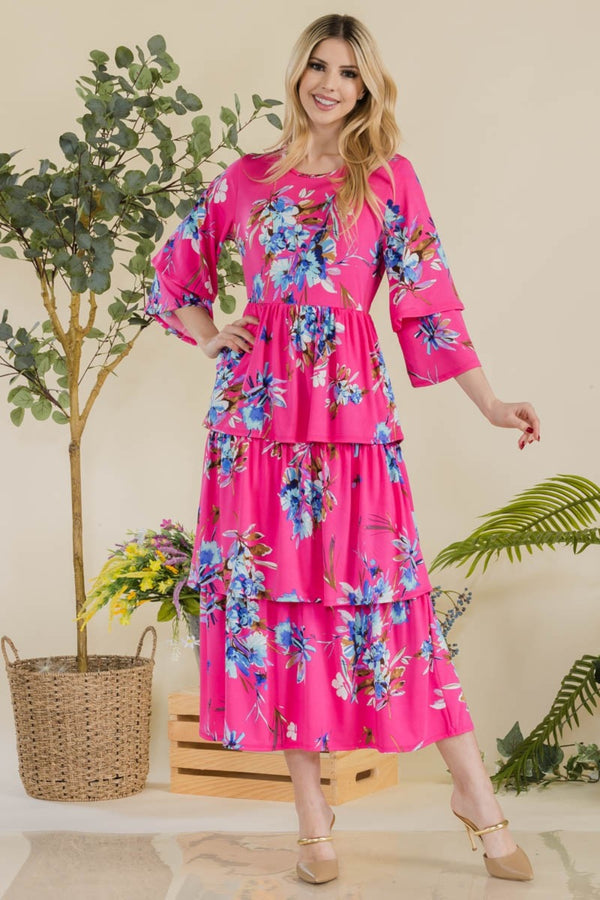 Celeste Full Size Floral Ruffle Tiered Midi Dress | Trendsi