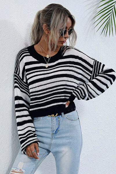 Striped Round Neck Dropped Shoulder Sweater | Trendsi