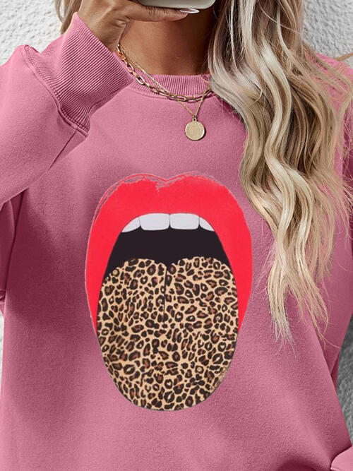 Leopard Lip Graphic Round Neck Sweatshirt |1mrk.com