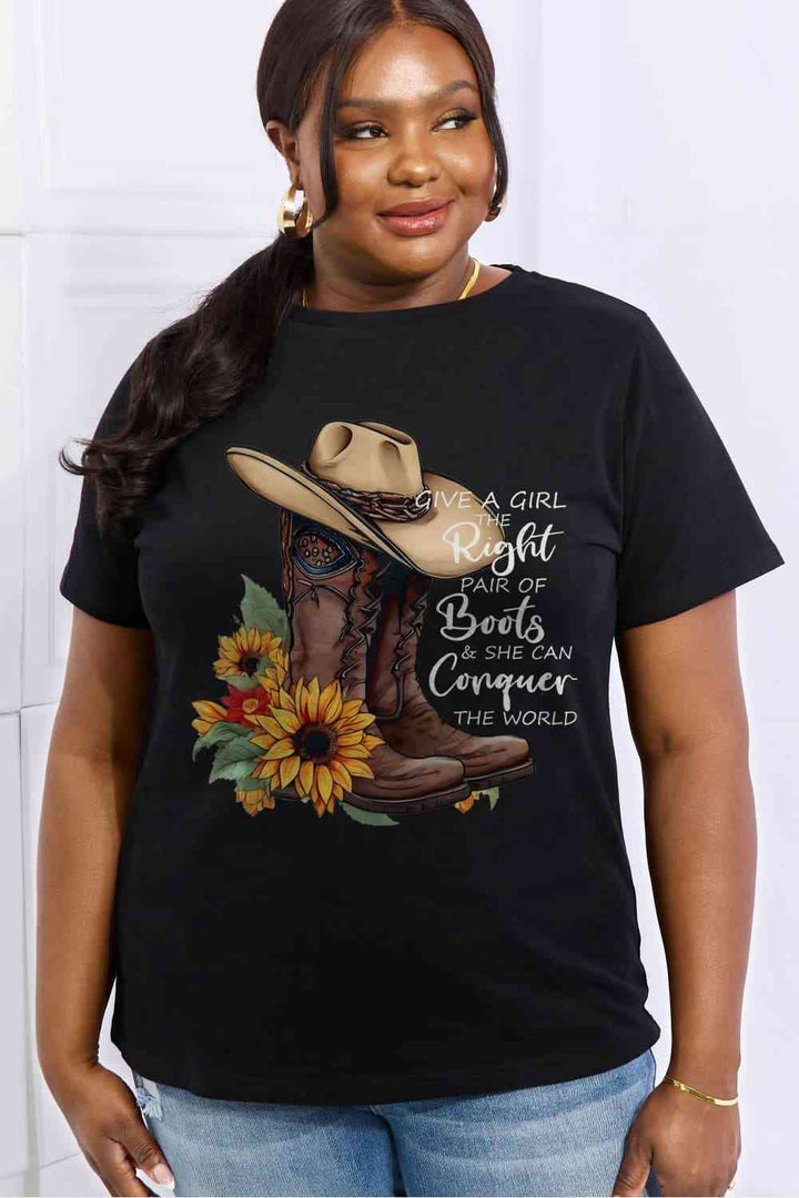 Simply Love Full Size Cowboy Hat & Boots Graphic Cotton Tee | 1mrk.com