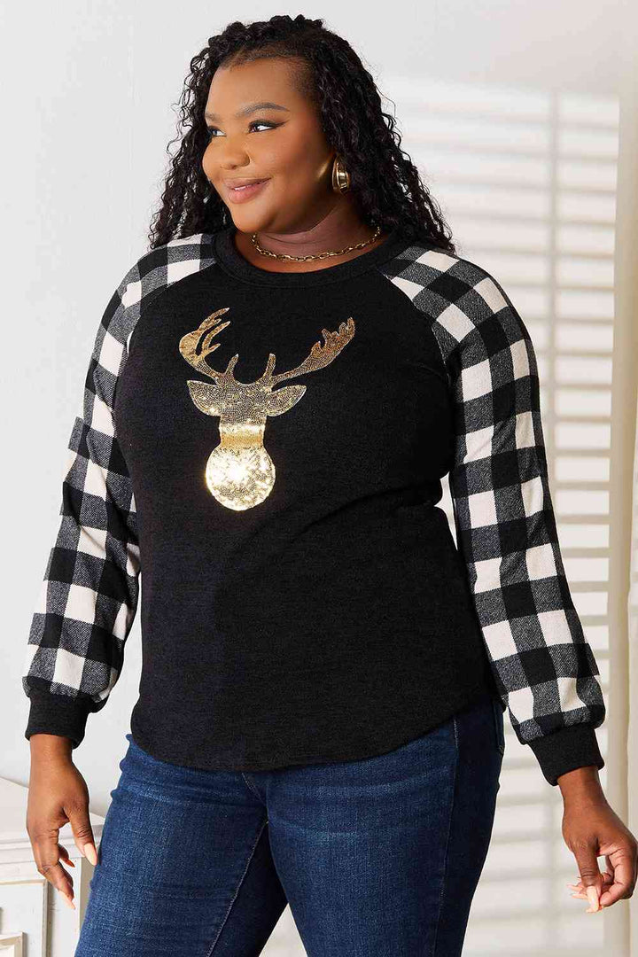 Heimish Full Size Sequin Reindeer Graphic Plaid Top | 1mrk.com