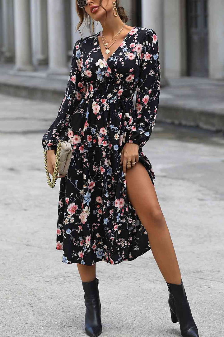 Floral Long Sleeve Surplice Neck Dress |1mrk.com